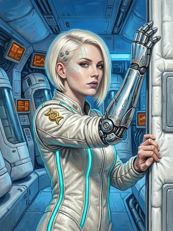 Lyra Voss, heritiere cyborg Helix, 25 ans, cheveux platinum, implants craniens cyan, bras droit chrome miroir, combinaison de vol blanc nacre, geste protecteur