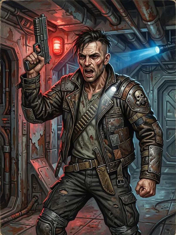 Pirate du Vide, sbire mal entraine, veste de cuir patchee de pieces metalliques, pistolet laser pointe en l'air, gueule ouverte criant un ordre, insigne crane en masque respiratoire