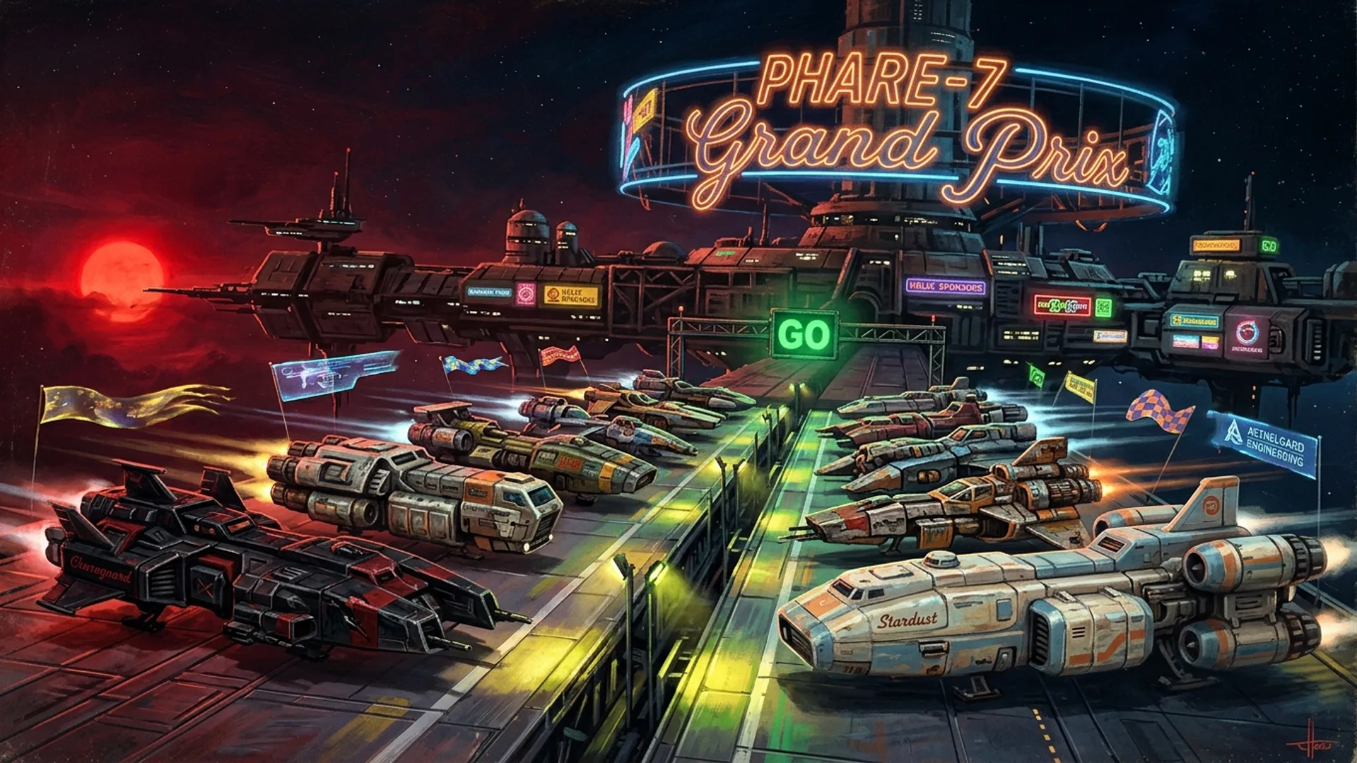 Douze vaisseaux de course alignes sur la ligne de depart de la station Phare-7, le Stardust a droite, la corvette Charognard a gauche, neon Phare-7 Grand Prix au-dessus, soleil rouge sang a l'horizon