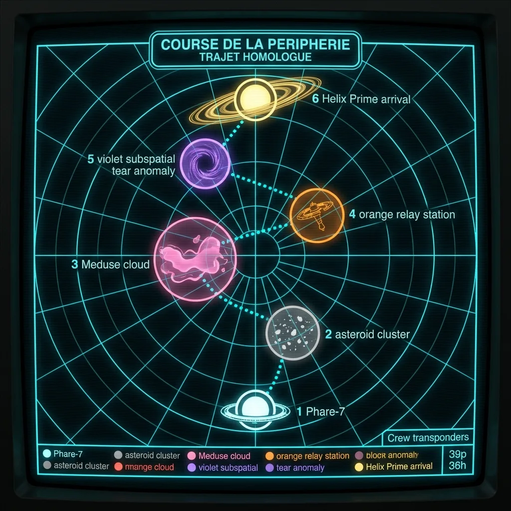 Carte stellaire holographique Course de la Peripherie, cinq secteurs en chaine relies par trajectoire pointillee cyan, depart Phare-7, arrivee Helix Prime