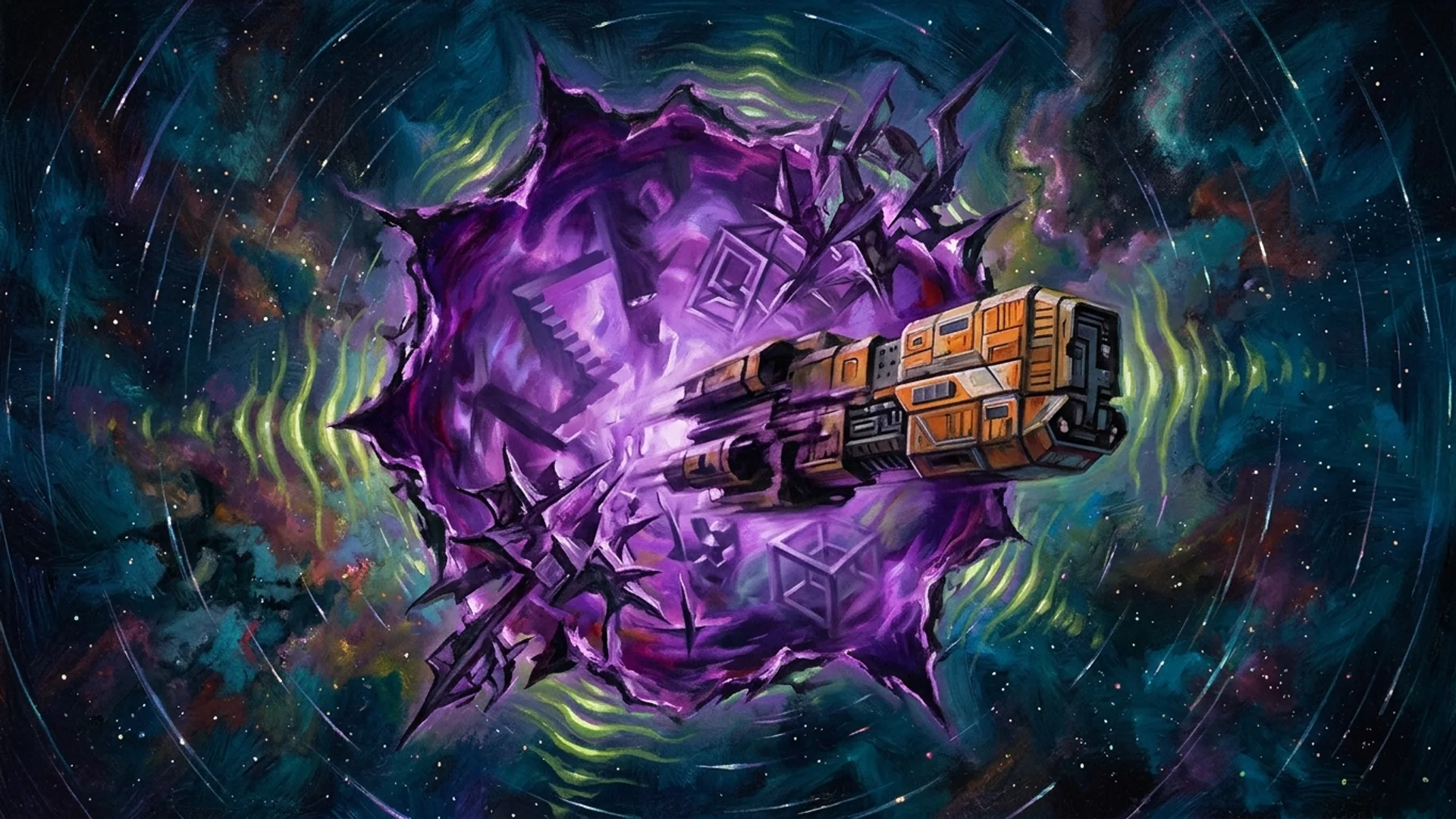 Anomalie subspatiale, dechirure violacee dans le tissu de l'espace, formes geometriques fractales emergeant et se dissolvant, le Stardust passe au coeur, ondulations vert phosphorescent