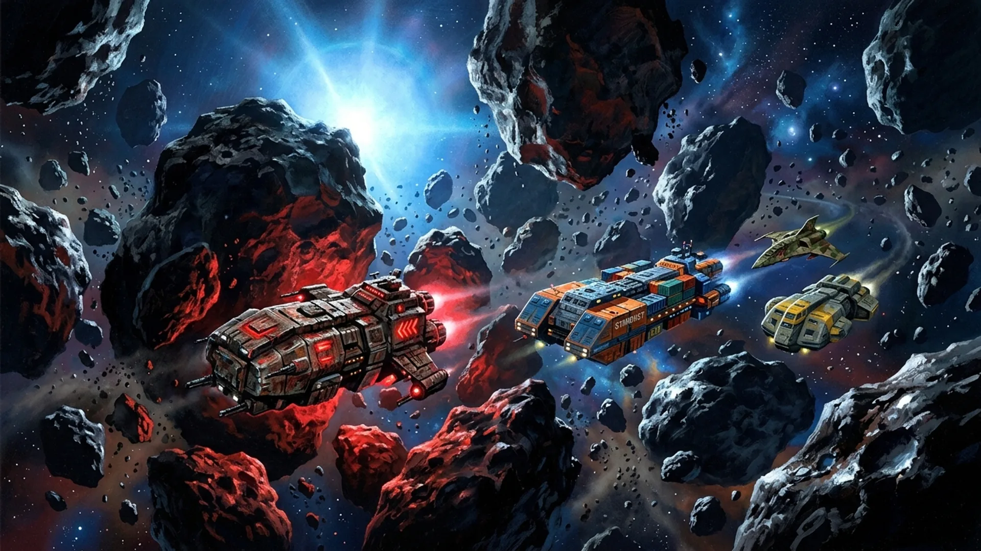 Champ d'asteroides Saurien, roches grosses comme des cathedrales en rotation lente, le Stardust et trois autres vaisseaux de course slalomant en file, Charognard rougeoyant en tete