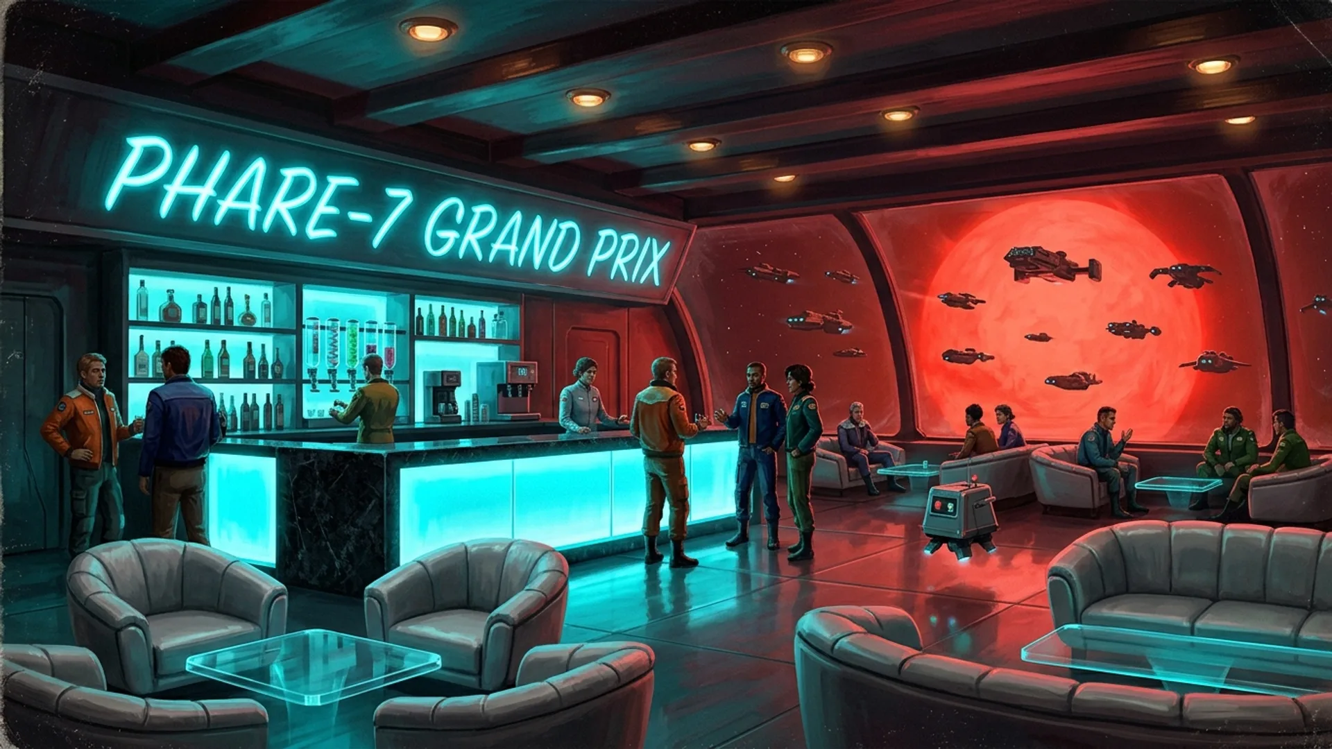 Lounge VIP de la station Phare-7, bar central en quartz noir retroeclaire cyan, sieges en cuir capitonne gris perle, hublot panoramique sur les douze vaisseaux alignes, neon Phare-7 Grand Prix