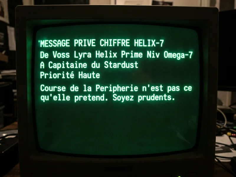 Capture ecran terminal CRT vert, message prive chiffre Helix-7 de Lyra Voss au capitaine du Stardust, briefing Course de la Peripherie