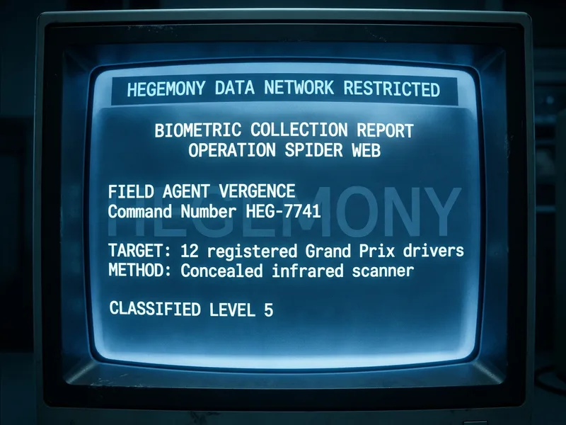 Capture ecran Hegemony Data Network bleu-blanc, rapport de collecte biometrique operation Toile d'Araignee, agent Vergence, classification niveau 5