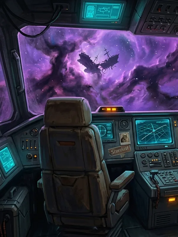 Le Capitaine pre-tire en action sur la passerelle du Stardust, blouson de pilote en cuir, lunettes de pilote sur le front, main pointant un ecran tactique holographique, talkie-walkie a l'oreille