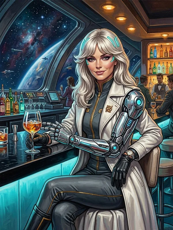 Lyra Voss reformee au bar VIP, manteau long en cuir blanc-perle, verre a pied dans la main cyborg chrome, sourire fin et complice, implants craniens cyan tamises