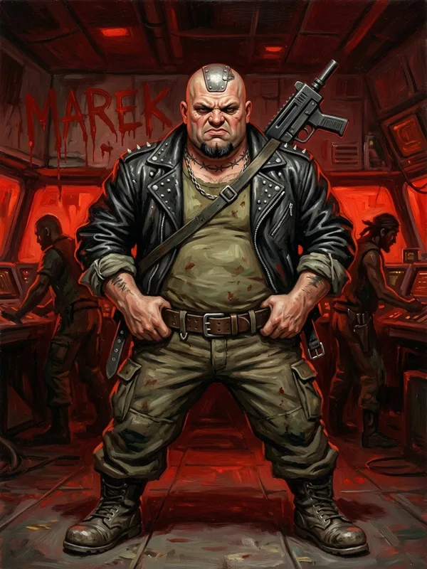 Marek Crane Plat, lieutenant des Pillards du Vide promu chef, plaque metallique sur le crane, veste de cuir noir cloutee, tatouage barbele autour du cou