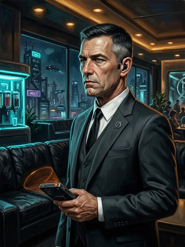 Commissaire Vergence, agent Hegemonie infiltre, costume corporate sombre trois pieces, pin's Hegemonie au revers, comm-pad scanner cache, expression vide et glacante