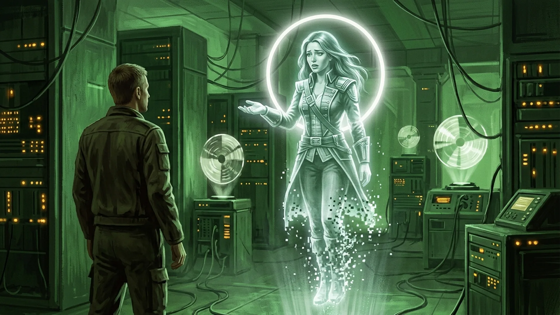 Cendres en hologramme grandeur nature au centre de la salle des serveurs, parlant a un PJ debout face a elle, main tendue paume vers le haut en supplication, bord inferieur de l'hologramme se dissolvant en pixels