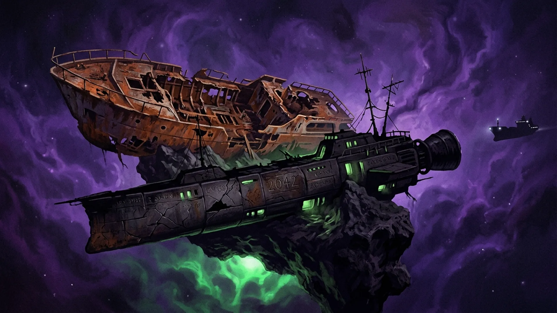L'epave double dans la nebuleuse violette, le Vagabond eventre au-dessus, le corsaire Albacore accroche a la roche en dessous avec lueur phosphorescente verte, le Stardust approche en silhouette