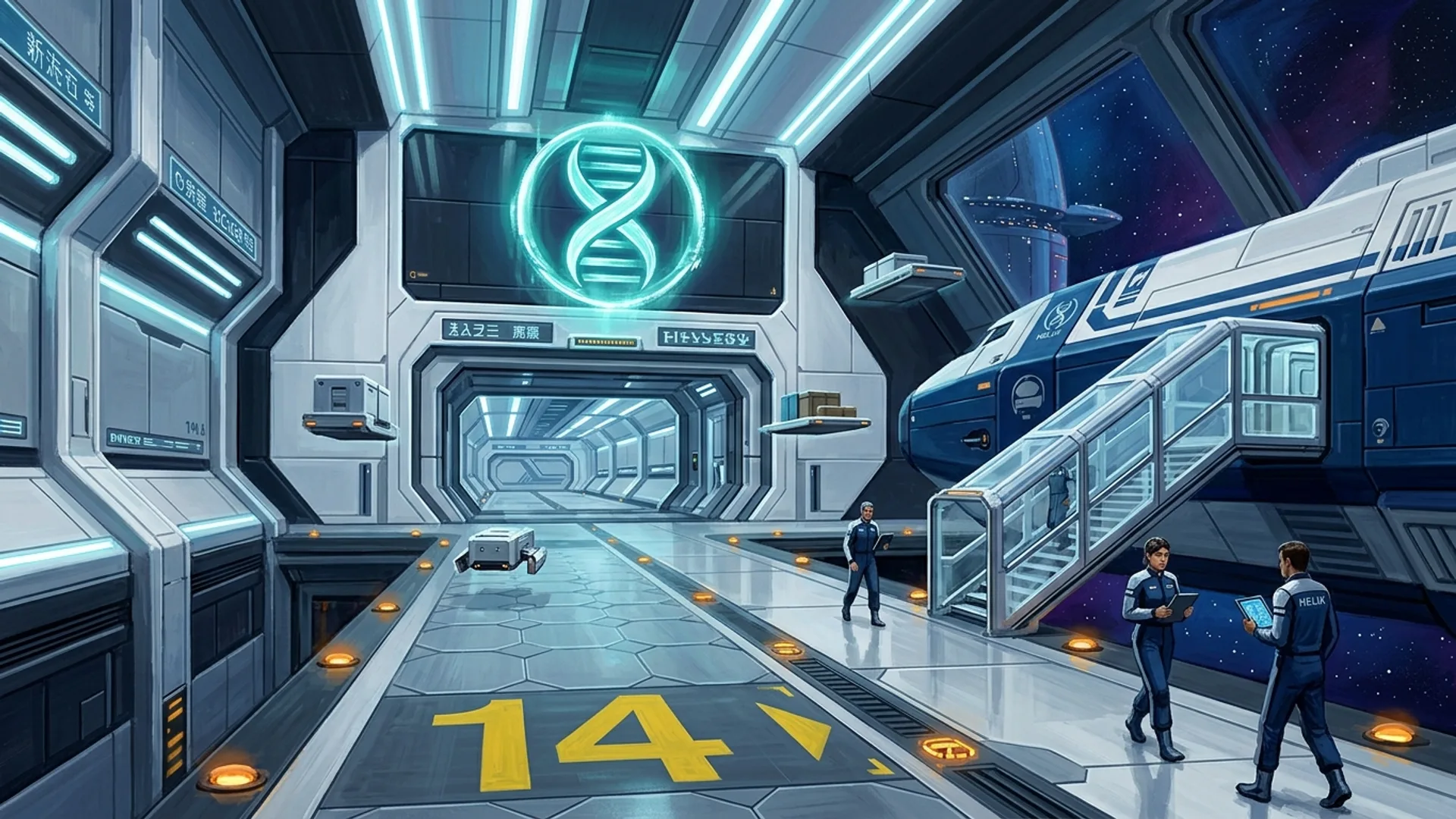 Quai d'amarrage 14 de la station Helix Prime, le Stardust amarre a droite, passerelle d'acces en cours d'extension, sas avec logo Helix grand format en hologramme tournant, drones de service