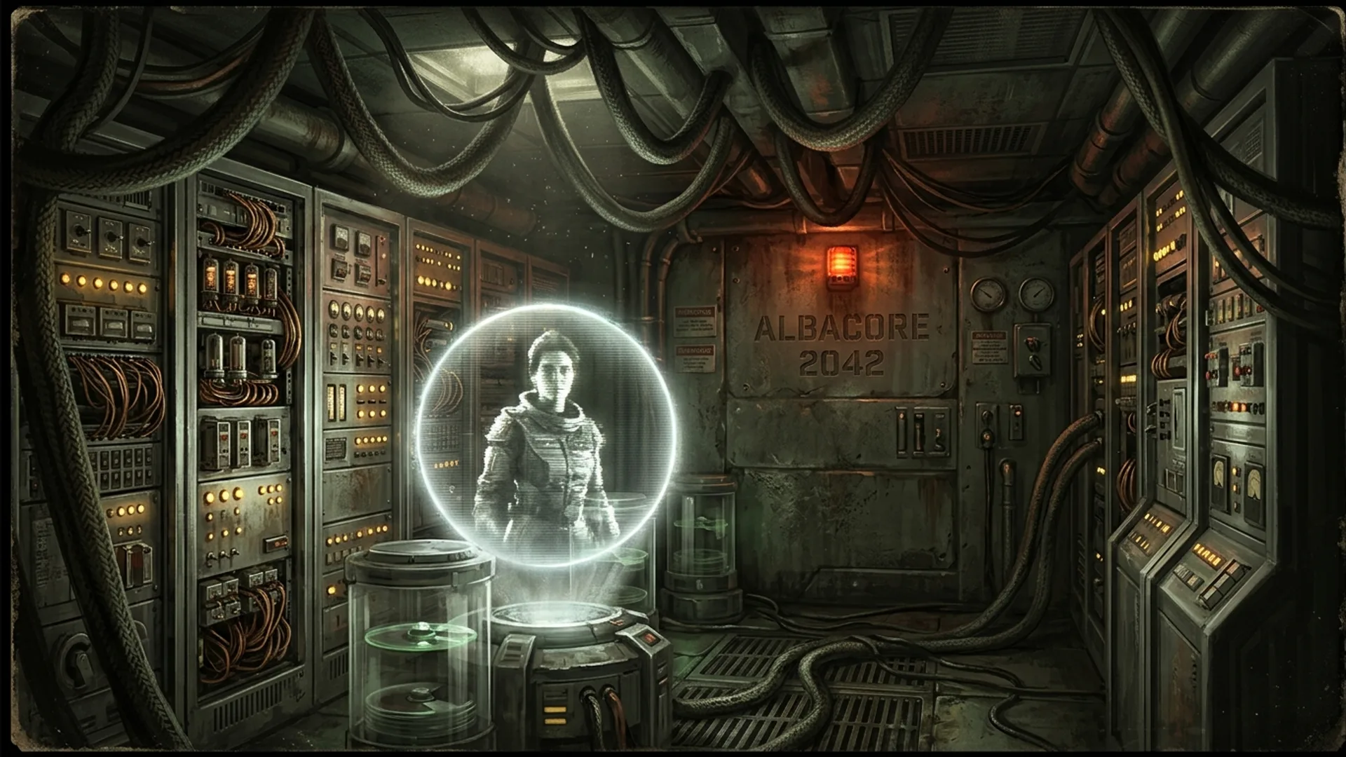 Salle des serveurs de l'Albacore, racks de serveurs ancienne generation en cuivre, cables epais comme des bras pendant aux plafonds, holodisques tournant dans des cylindres transparents, lumieres vert sepulcral