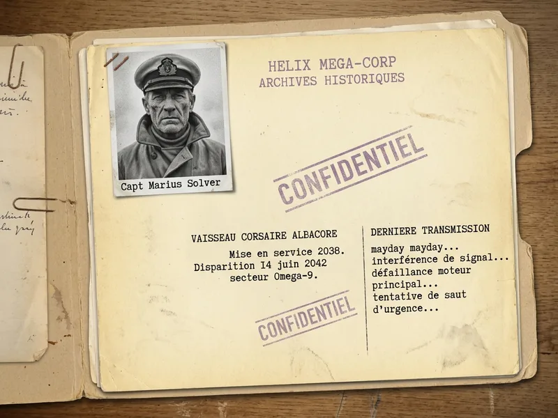 Pochette de dossier ouvert Helix Mega-Corp Archives Historiques, photo identite jaunie d'un capitaine ancien, transcription derniere mission Albacore disparu en 2042