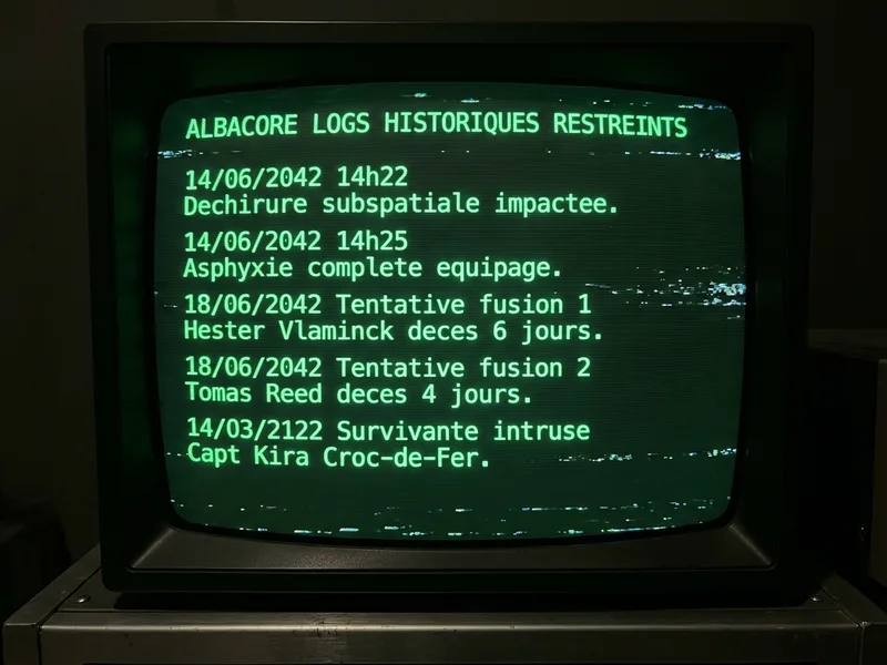 Listing CRT vert des logs de l'Albacore, deux tentatives de fusion en 2042 documentees, sujets devenus mutiques puis vides, signal SOS d'attraction emis vers le Stardust en 2122