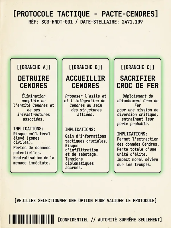 Trois propositions distinctes encadrees comme un menu de choix tactique solennel, branches A detruire Cendres, B accueillir Cendres, C sacrifier Croc-de-Fer