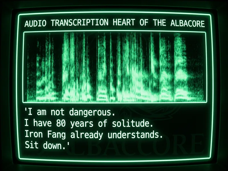 Capture audio en spectrogramme vert phosphorescent, transcription textuelle de la voix de Cendres, omission detectee par l'Ingenieur sur les deux fusions precedentes