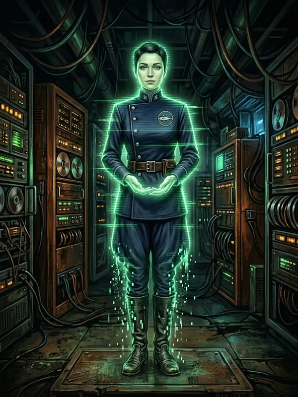 Cendres IA dormante sous forme d'hologramme, femme en uniforme de corsaire 2042, lignes de scan vert phosphorescent sur tout le corps, geste de supplication retenue, contours instables