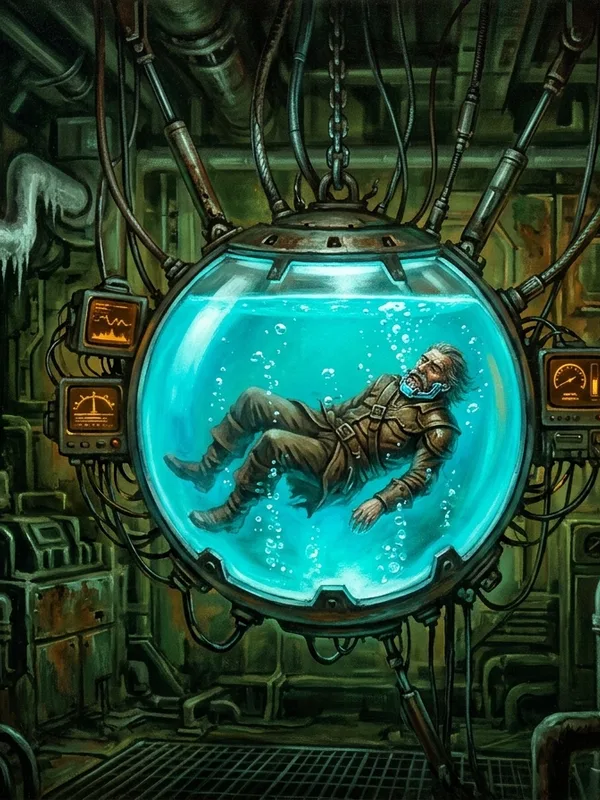 Croc-de-Fer en stase liquide bleu pale, combinaison de stase blanche moulante, capteurs adhesifs, machoire chromee toujours visible, yeux mi-clos lucides qui suivent les PJ