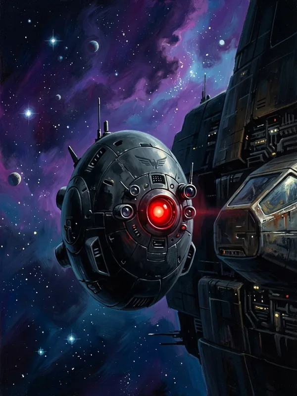 Drone Hegemonie de surveillance autonome, chassis ovoide noir mat, oeil rouge central de capteurs, antennes radio fines, flottant en stationnaire face au Stardust