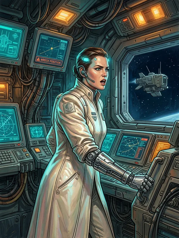 Lyra Voss en commandement, manteau long, casque-ecouteur a l'oreille, main posee sur une console de la passerelle Stardust, regard inquiet vers les hublots externes, implants tamises