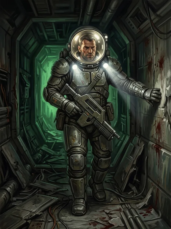 Le Mercenaire pre-tire en EVA, combinaison renforcee par-dessus l'armure modulaire, casque spherique transparent retroeclaire, gros pistolet-mitrailleur en bandouliere, lampes-torches frontales