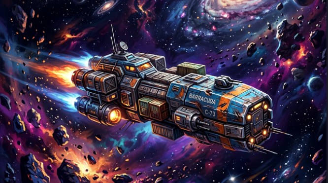 Le Barracuda C-73, cargo independant rapide mais fragile, traversant une nebuleuse coloree