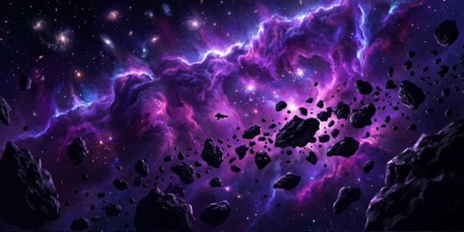 La nebuleuse de Kael, un mur de gaz violet traverse d'asteroides