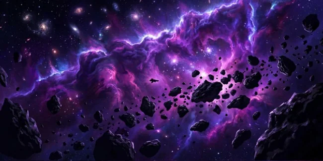 La nebuleuse de Kael, un mur de gaz violet traverse d'asteroides