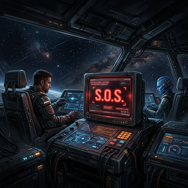 Cockpit du Stardust avec un signal de detresse SOS clignotant en rouge sur l'ecran