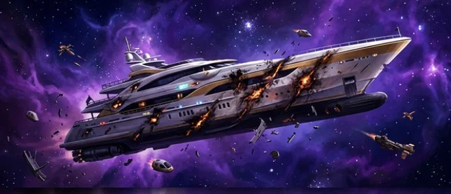 Le Vagabond, yacht de luxe endommage derivant dans la nebuleuse violette parmi les debris