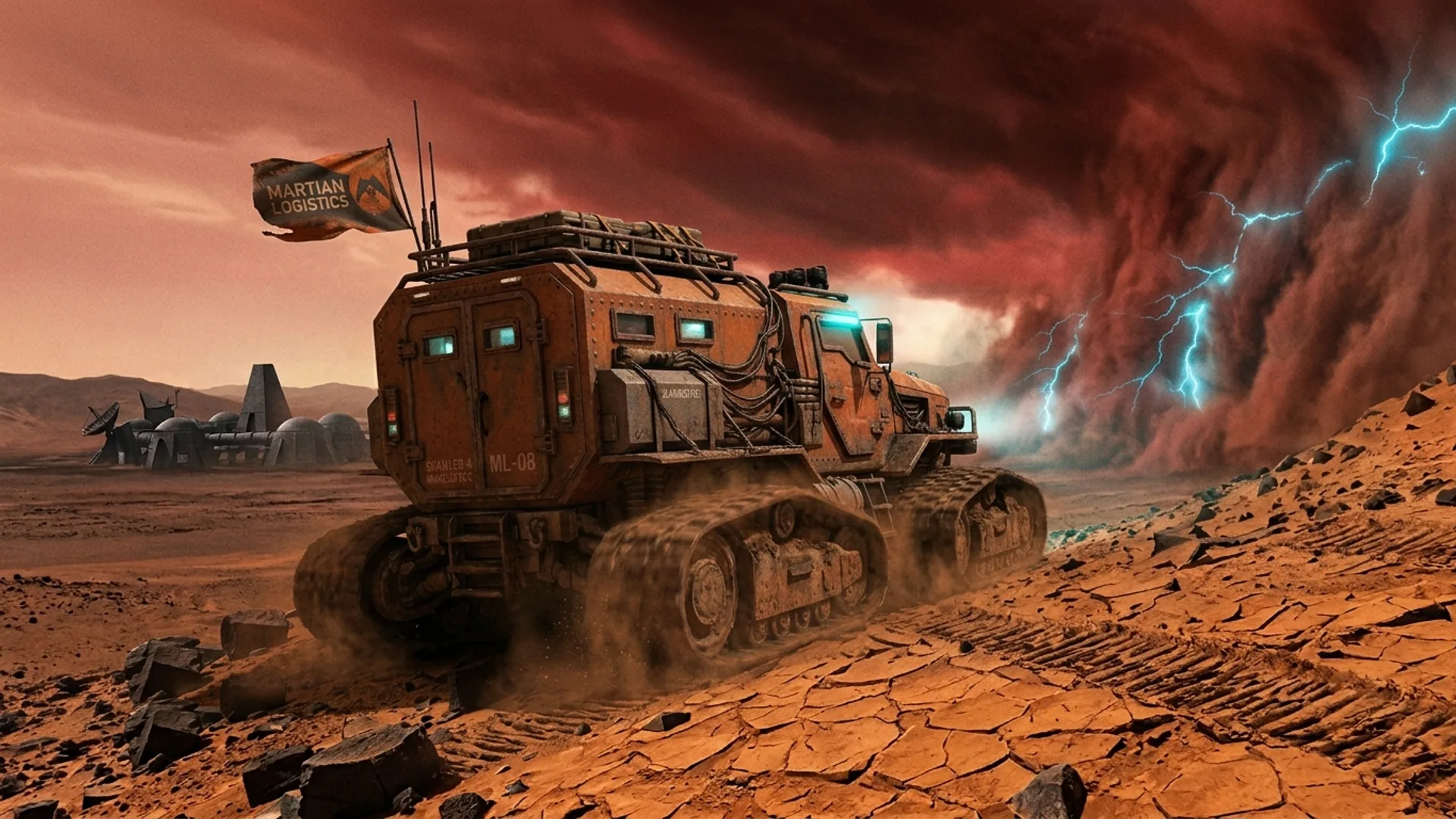 Crawler-4 descendant une pente martienne dans une tempête ionique, station A-72 silhouettée au lointain