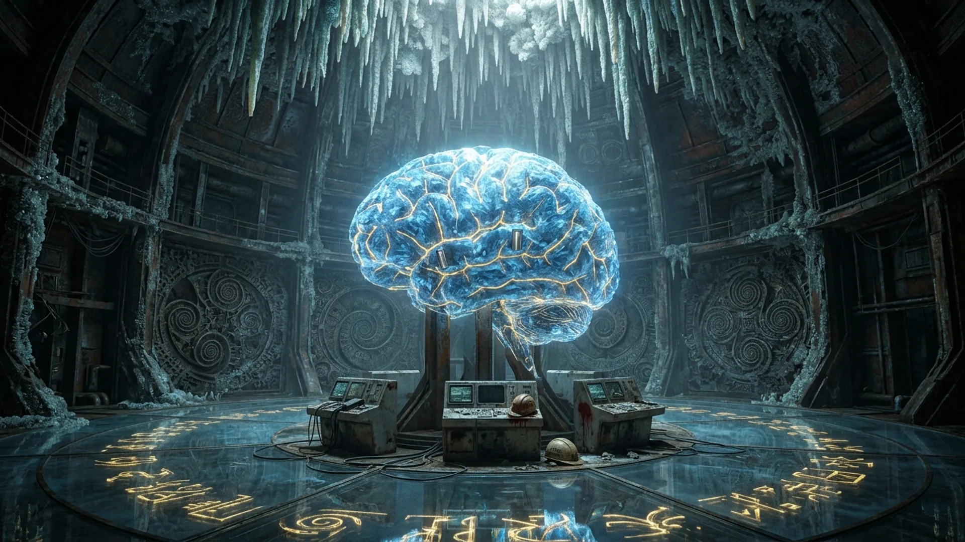 Cathédrale cristalline du Niveau -3, cerveau cristallin géant de quatre mètres pulsant bleu et or au centre d'une salle circulaire