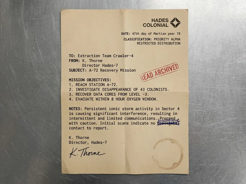 Note de service corporate Hadès-7, papier kraft froissé, signature K. Thorne