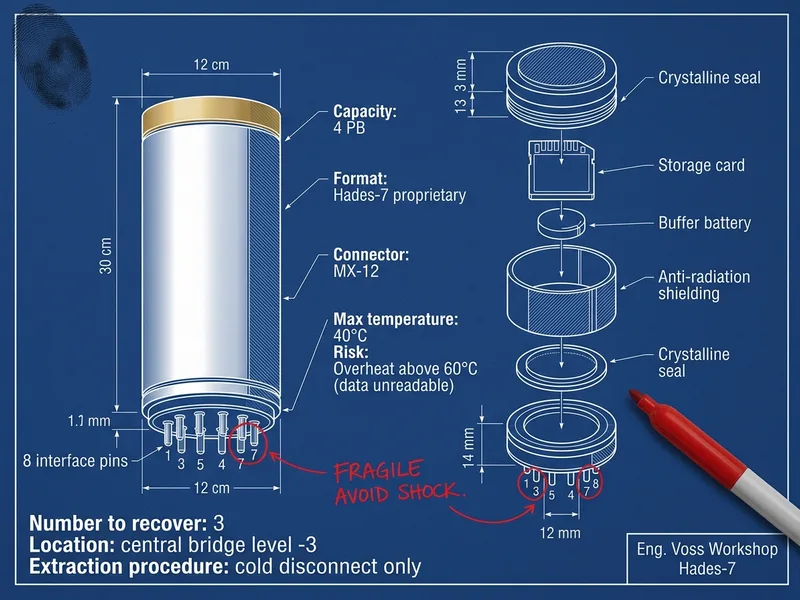 Schéma blueprint d'un Noyau de Données du processeur atmosphérique, vue éclatée des composants