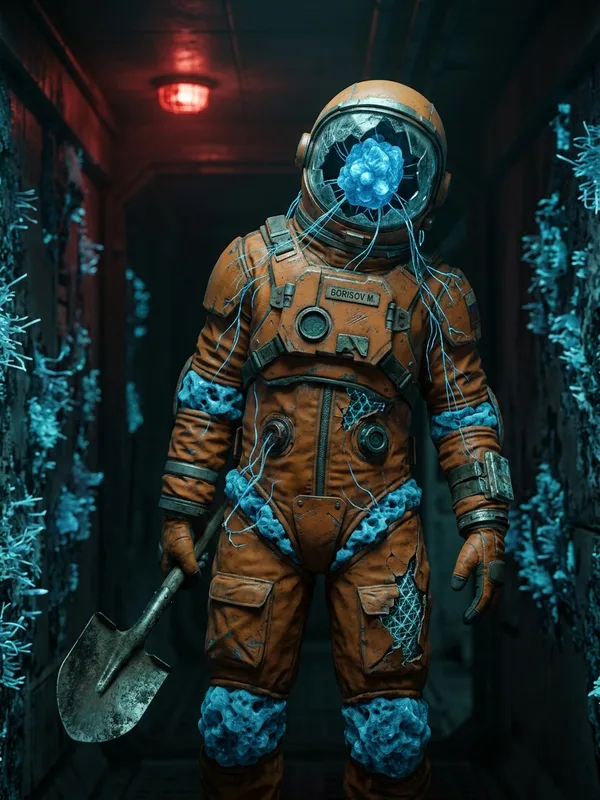 Coquille : ancien mineur en armure orange, casque brisé remplacé par un nodule cristallin bleu pulsant, pelle plasma à la main gauche