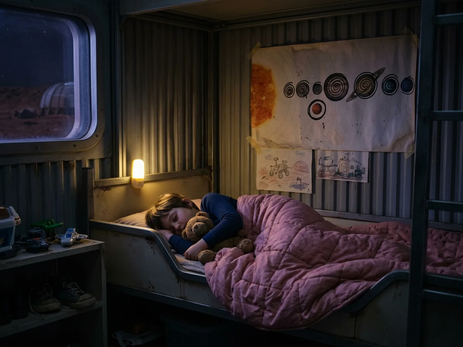 Mur de chambre d'enfant, sept spirales tracées au feutre noir par-dessus un poster de système solaire, ours en peluche sur le lit