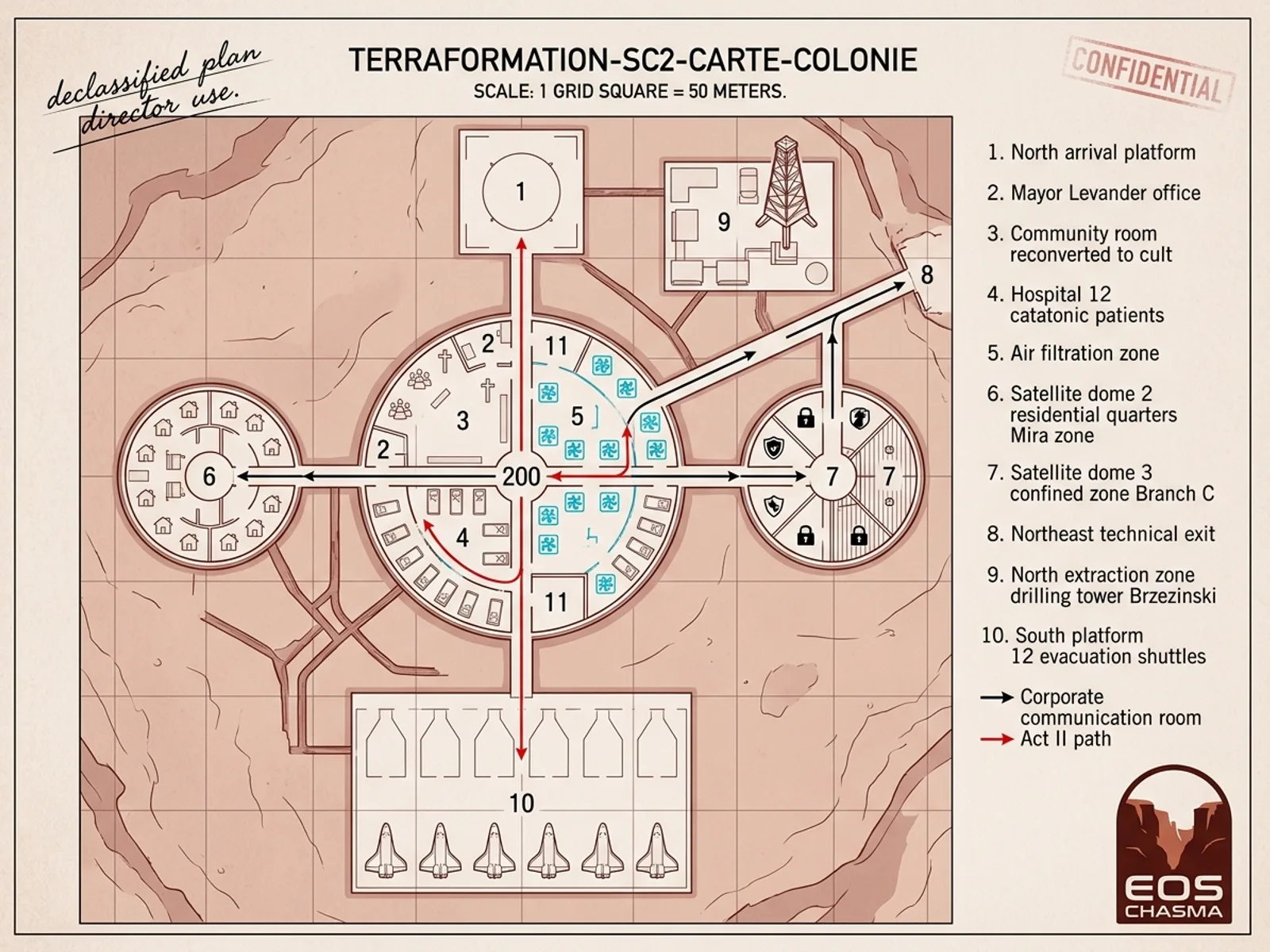 Plan d'urbanisme top-down de la colonie d'Eos Chasma, dôme principal central et trois dômes satellites reliés par tubes pressurisés