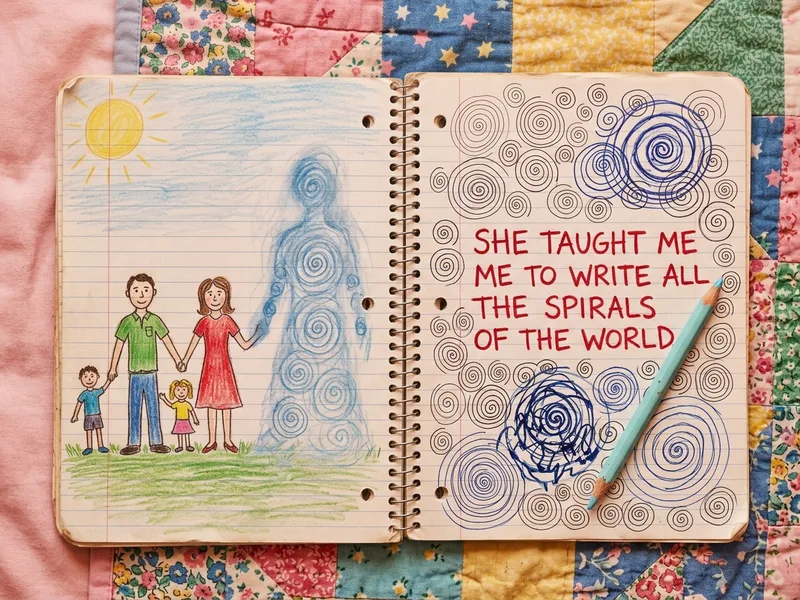 Pages doubles d'un carnet d'enfant, dessin d'une famille avec une silhouette de spirales bleues, page de droite couverte de spirales et phrase au feutre rouge