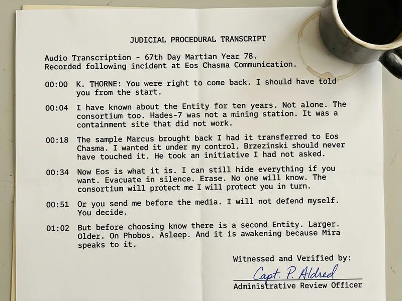 Page de transcription audio dactylographiée, timecodes, signature témoin Capt. P. Aldred