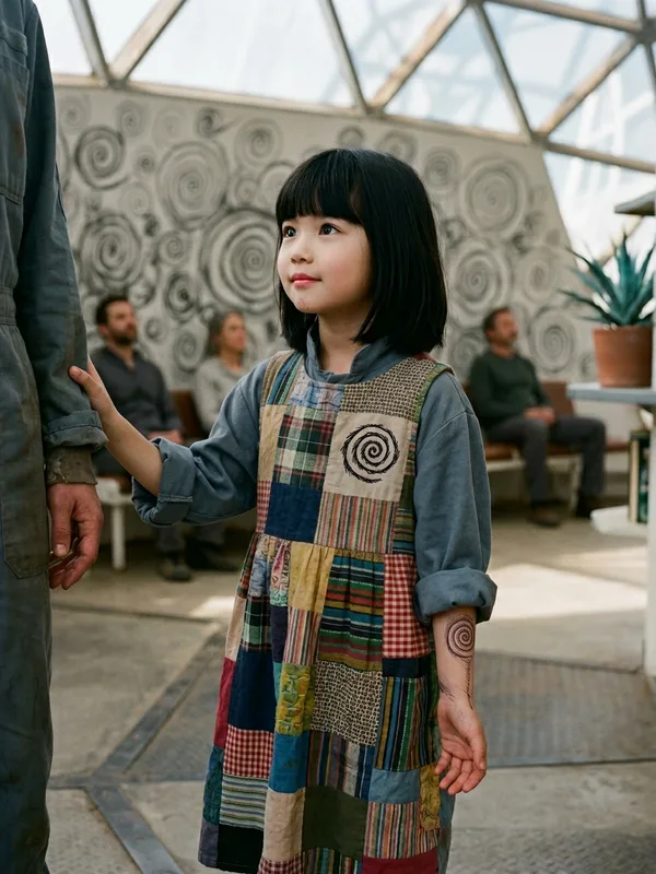 Mira, fillette de 8 ans, frange noire, combinaison enfant trop grande gris-bleu, robe en patchwork, demi-sourire