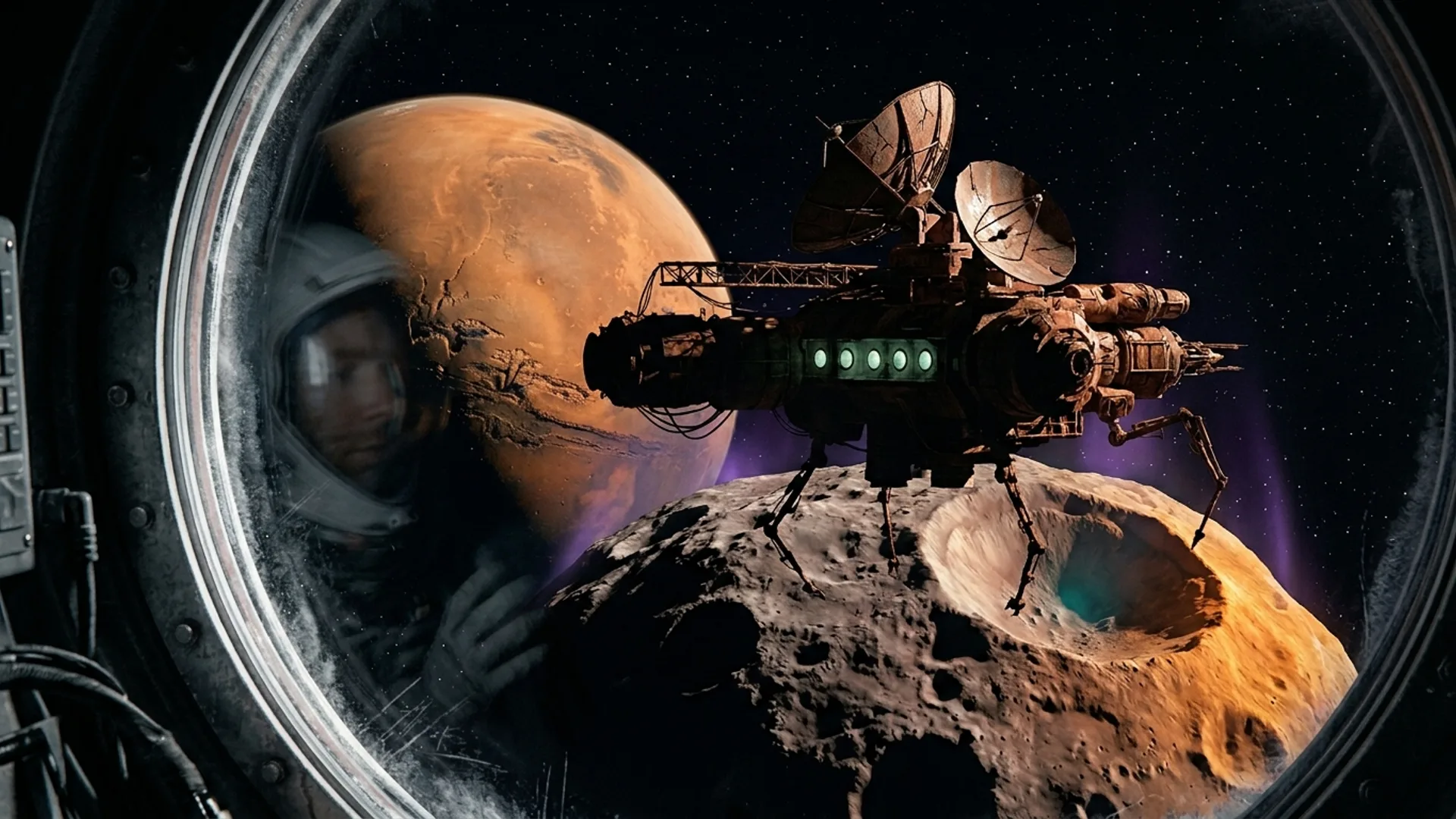 Vue depuis le hublot d'une navette, station orbitale Phobos-1 silhouettée au-dessus de la lune Phobos, Mars rouge en arrière-plan