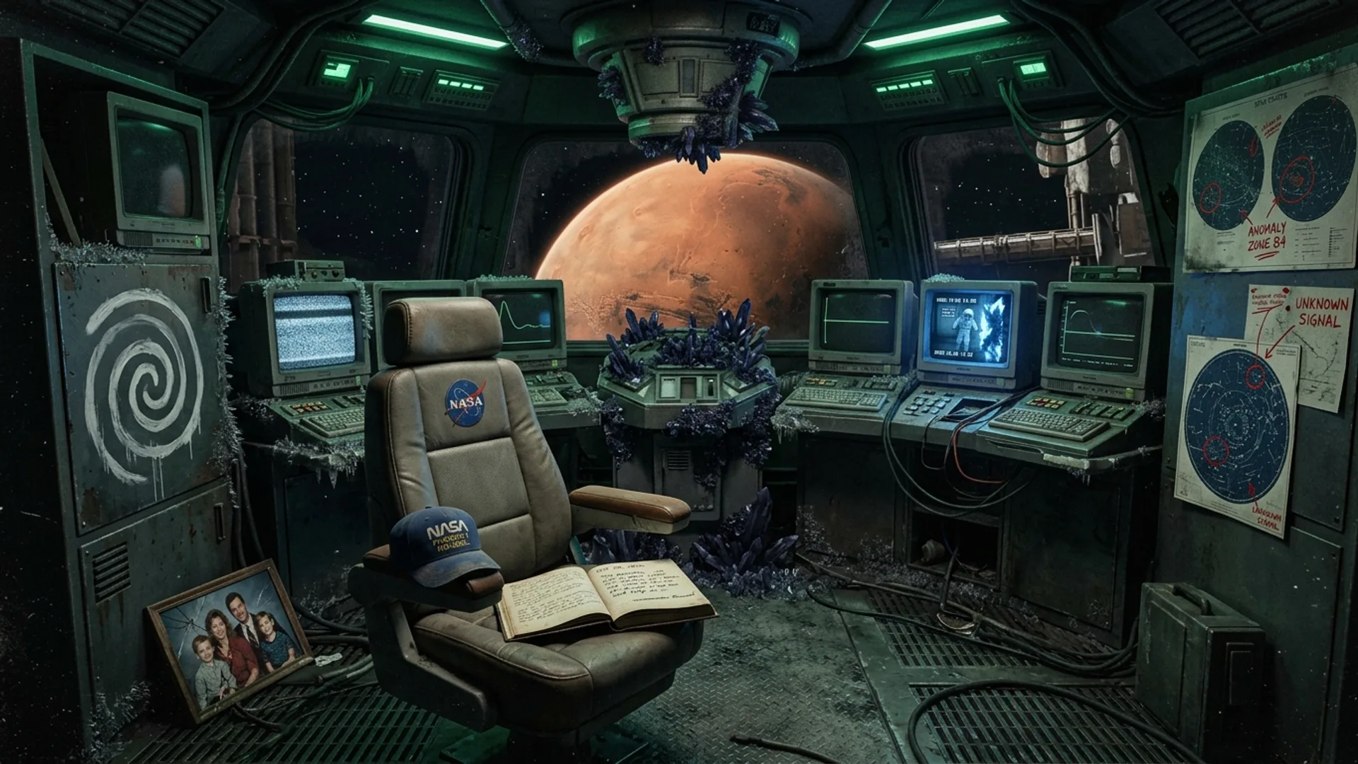 Pont commande Phobos-1, fauteuil de capitaine vide, six stations de contrôle en arc, écran rallumé seul affichant une vidéo de surveillance archivée