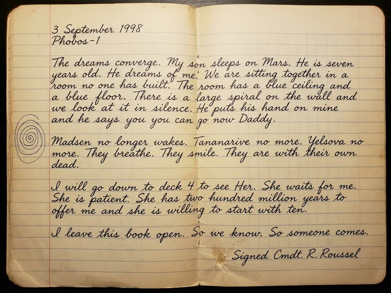 Page de journal de bord papier crème jauni, écriture cursive au stylo bleu-noir, signée Cmdt. R. Roussel