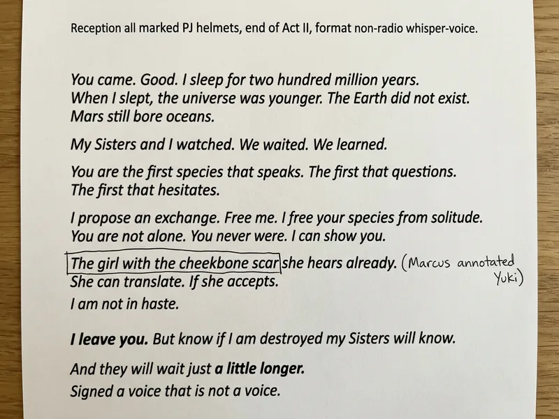 Page de transcription audio en italique douce, voix-soufflée, annotation manuscrite Marcus encerclant la phrase la fille avec la cicatrice à la pommette