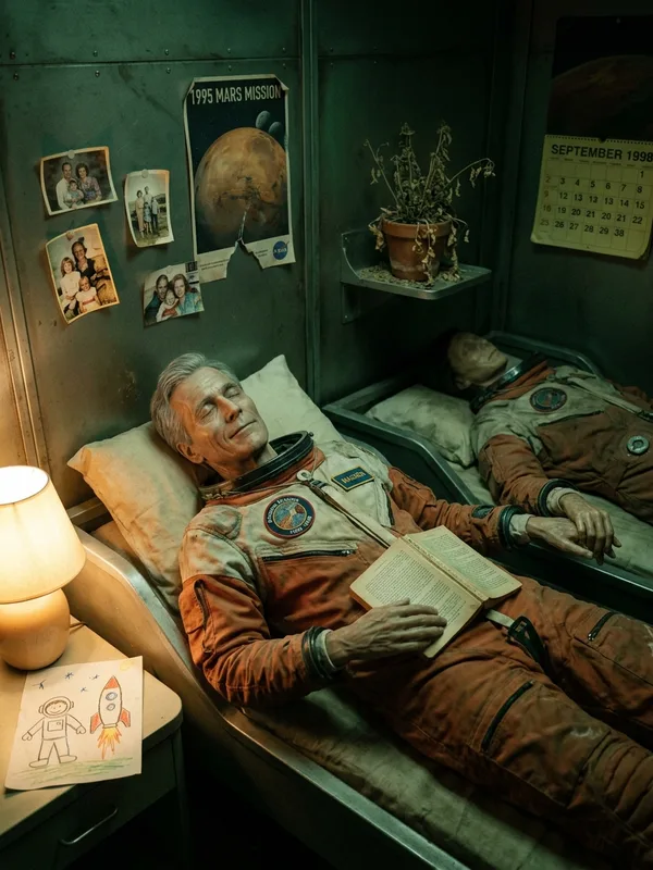 Cadavre dessiccaté de l'astronaute Madsen, peau translucide, mains croisées, livre ouvert dans une main, tient la main d'un coéquipier dans la couchette d'à côté