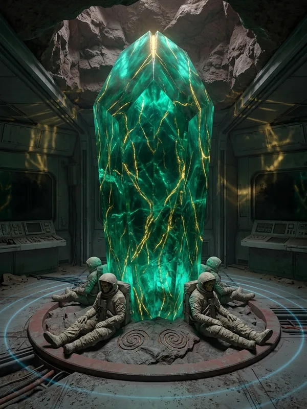 Cristal cosmique de Phobos, pyramide tronquée verte profonde de cinq mètres, filaments d'or pulsants, faille au sommet d'où émerge une lumière dorée