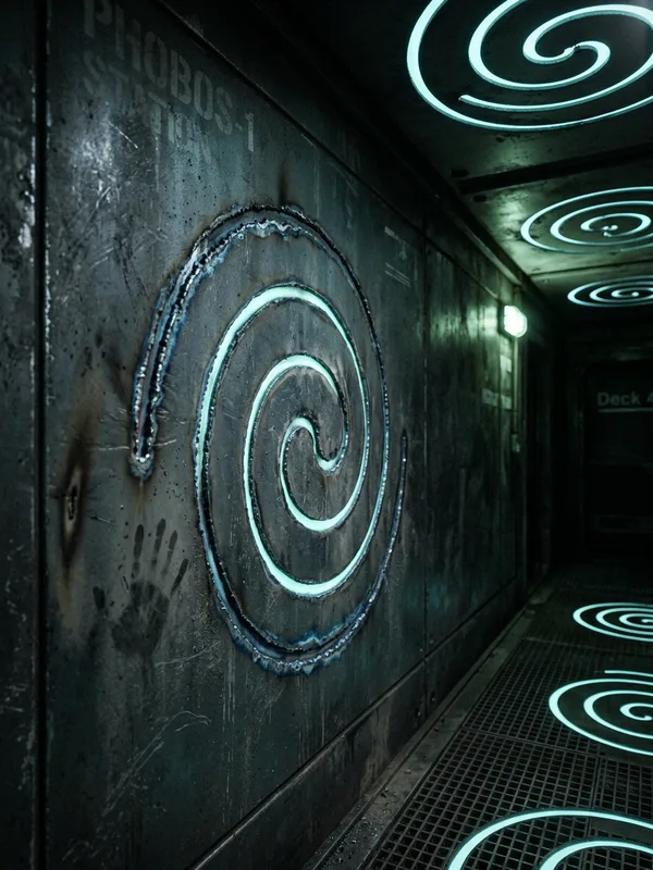 Mur intérieur de couloir Phobos-1, grande spirale gravée au plasma, sillon profond avec luminescence cyan pulsante