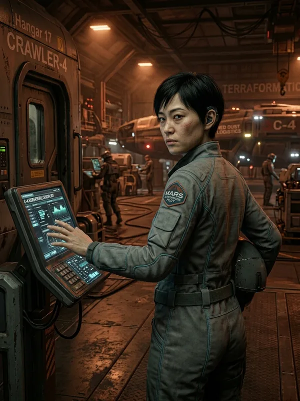 Yuki Tanaka, japonaise-américaine, 32 ans, pilote, en combinaison de vol grise rayée cyan