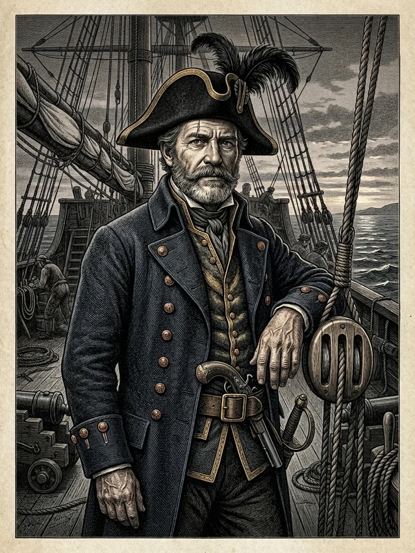 Capitaine Étienne Lerouvier, capitaine de frégate français, manteau de marine bleu nuit, casquette à galon d'or, lunette de bord à la main, sabre d'abordage au baudrier, barbe poivre et sel